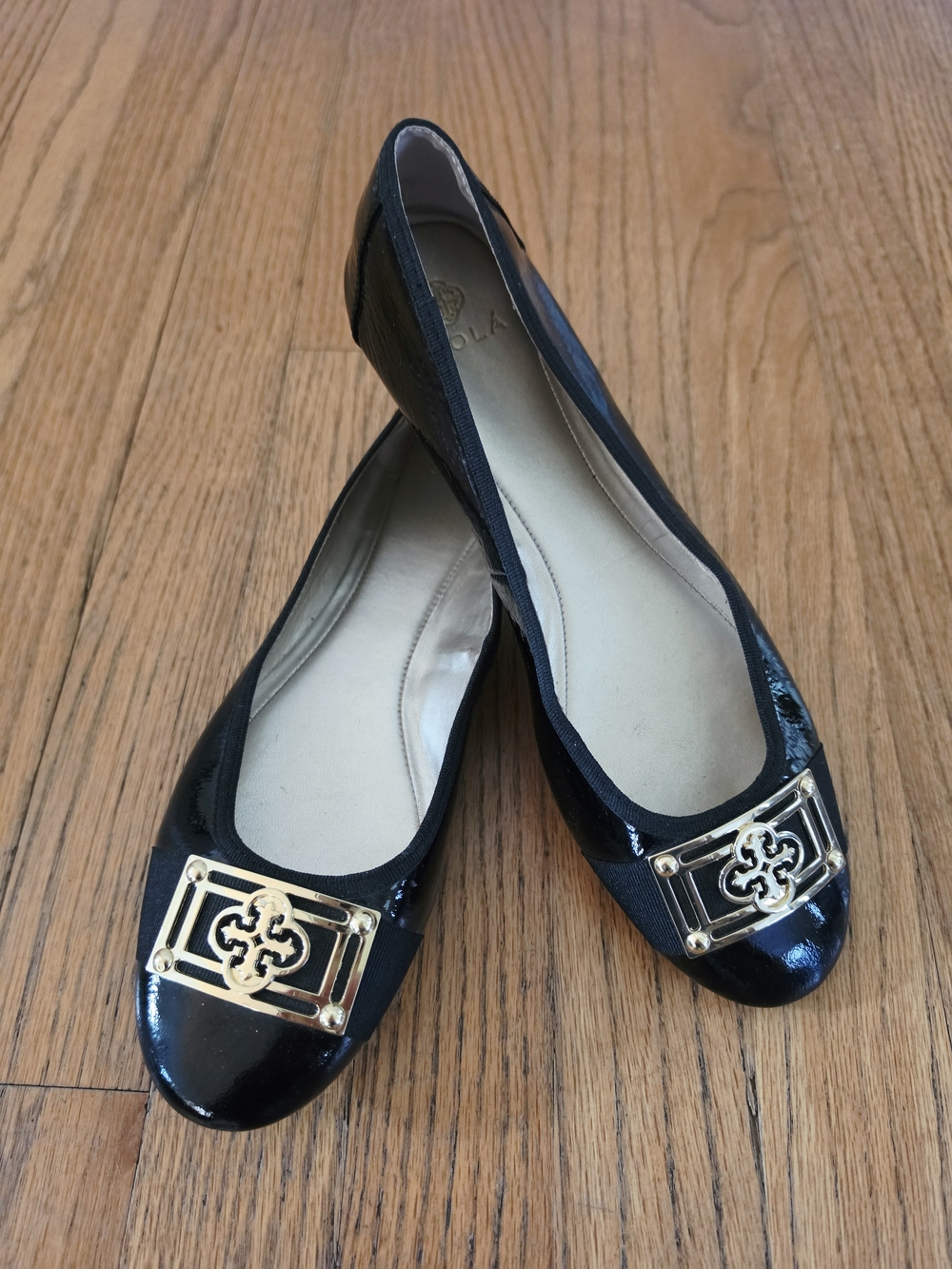 Isola Black Patent Flats with Gold Medallion Detail Size 9